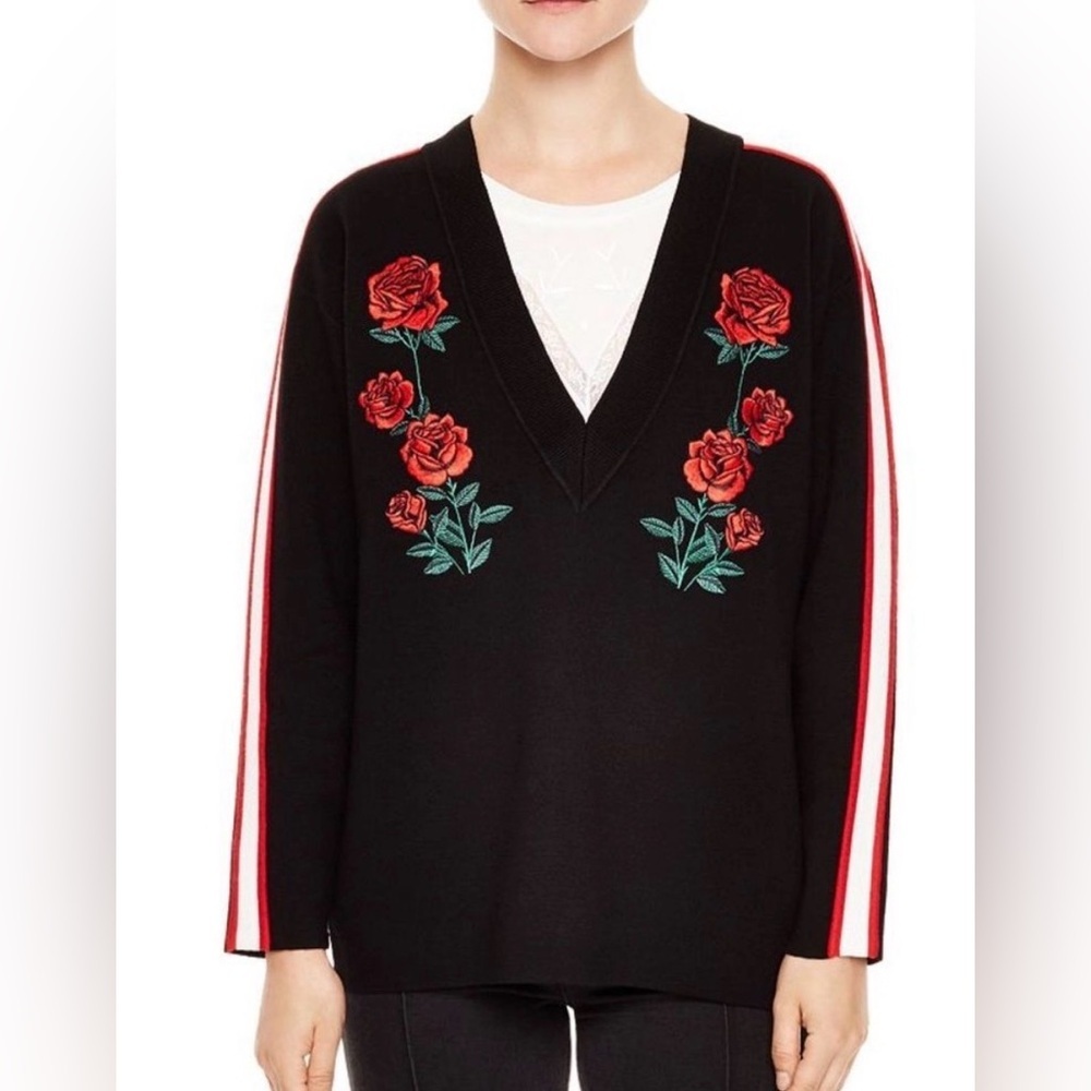 Sandro Paris Indira Rose Embroidered Black Red V-neck Sweater size 2 Medium